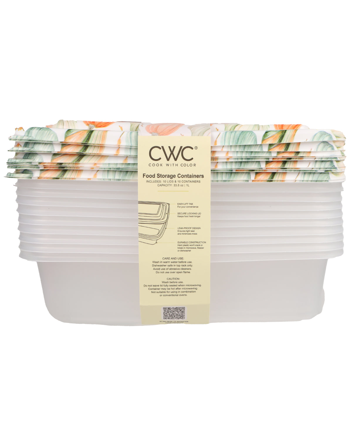 Stack of CWC food storage containers with floral lids on a white background
