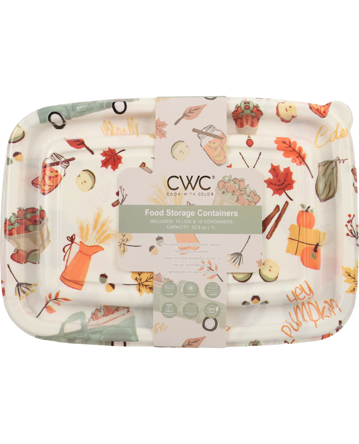 CWC Cozy with Color food storage container set in an autumn harvest pattern, featuring a white background with orange pumpkins, red leaves, and beige acorns, wrapped in a paper band.