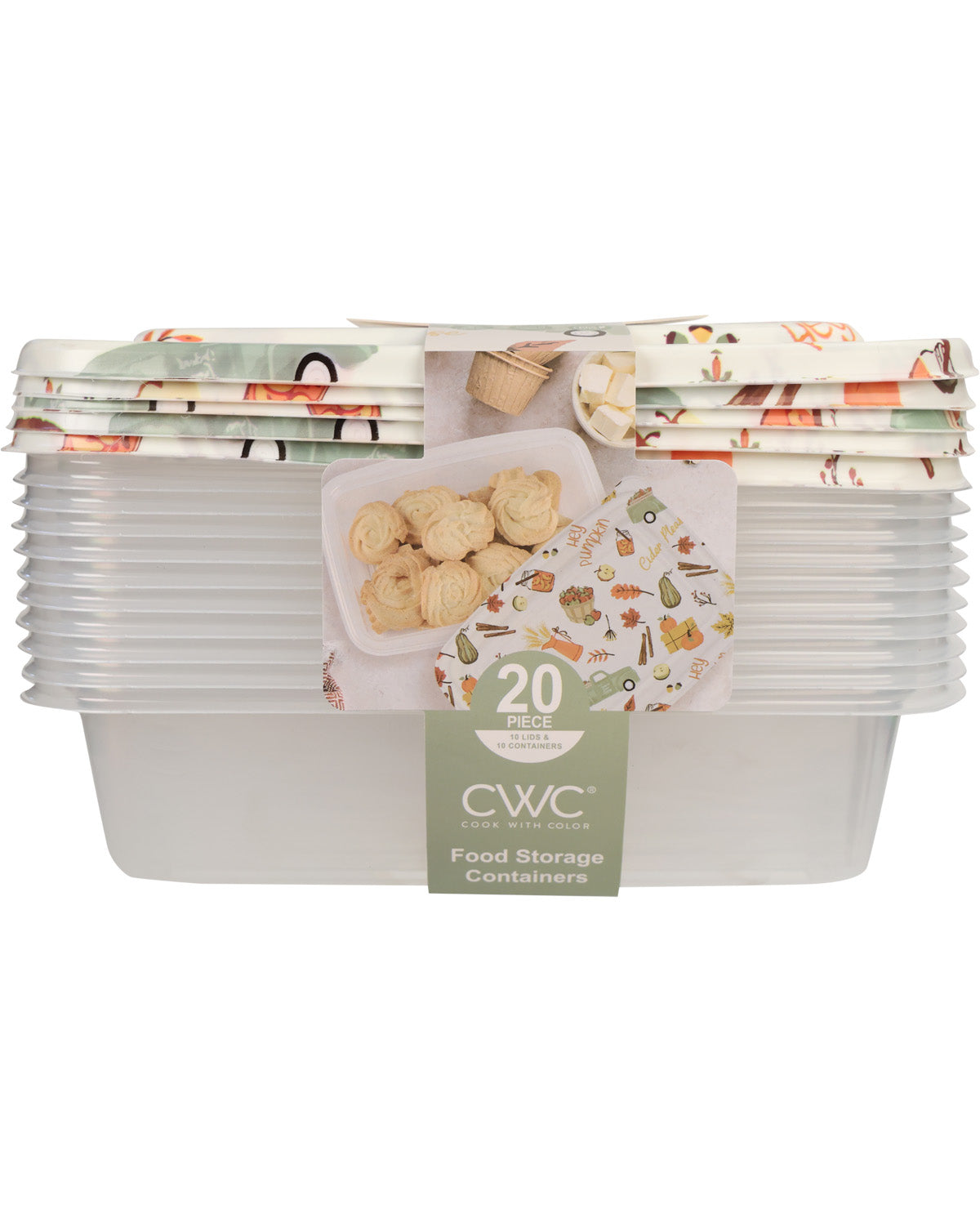 A stack of 20 clear plastic food storage containers with a decorative paper band label that reads 'CWC' and 'Food Storage Containers' and shows a small container filled with cookies. The containers are photographed on a plain white background.