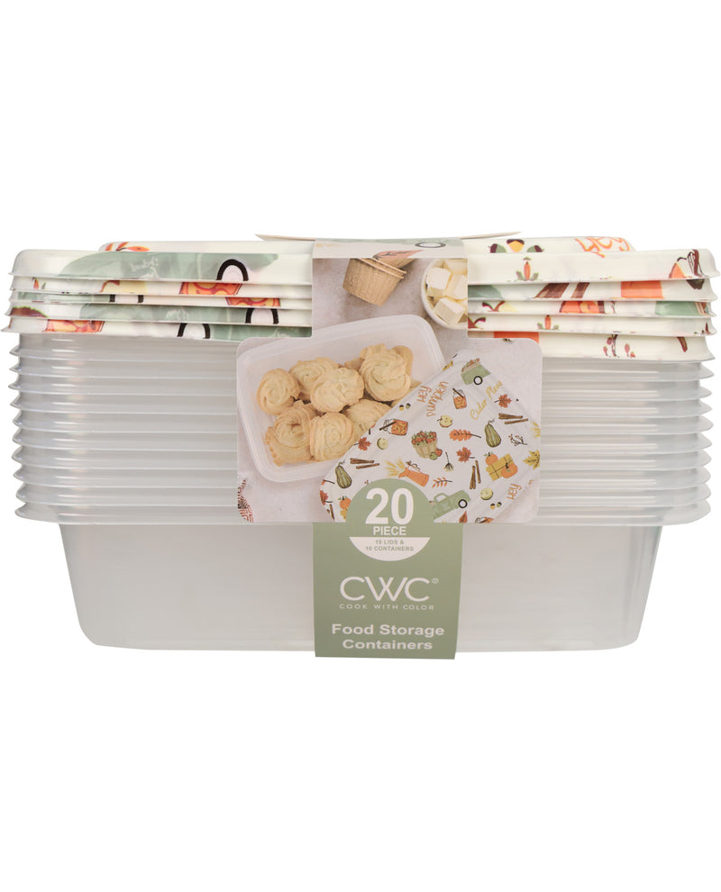 A stack of 20 clear plastic food storage containers with a decorative paper band label that reads 'CWC' and 'Food Storage Containers' and shows a small container filled with cookies. The containers are photographed on a plain white background.
