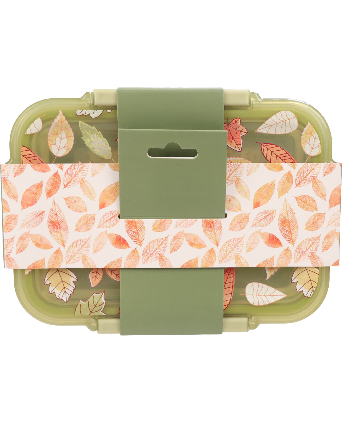 A rectangular plastic lunch container with a translucent olive green lid and matching green silicone strap closures, wrapped in a decorative paper band featuring an orange, peach, and cream autumn leaf pattern.