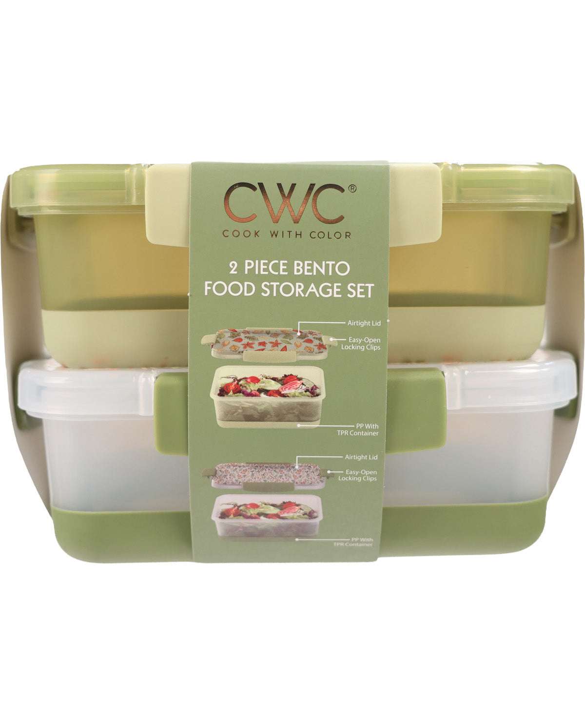 CWC 2-piece Bento food storage set in a light olive green and white plastic container, wrapped in a green paper label.