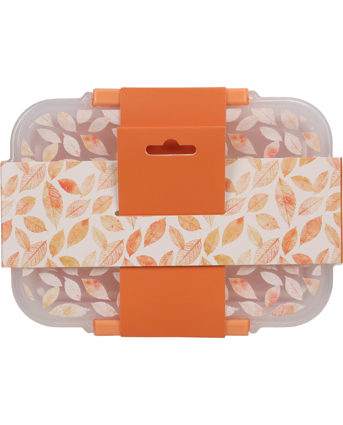 A clear plastic lunch container with a lid, wrapped in a paper band featuring an orange, yellow, and white autumn leaf pattern, secured with two orange plastic clips on a white background.