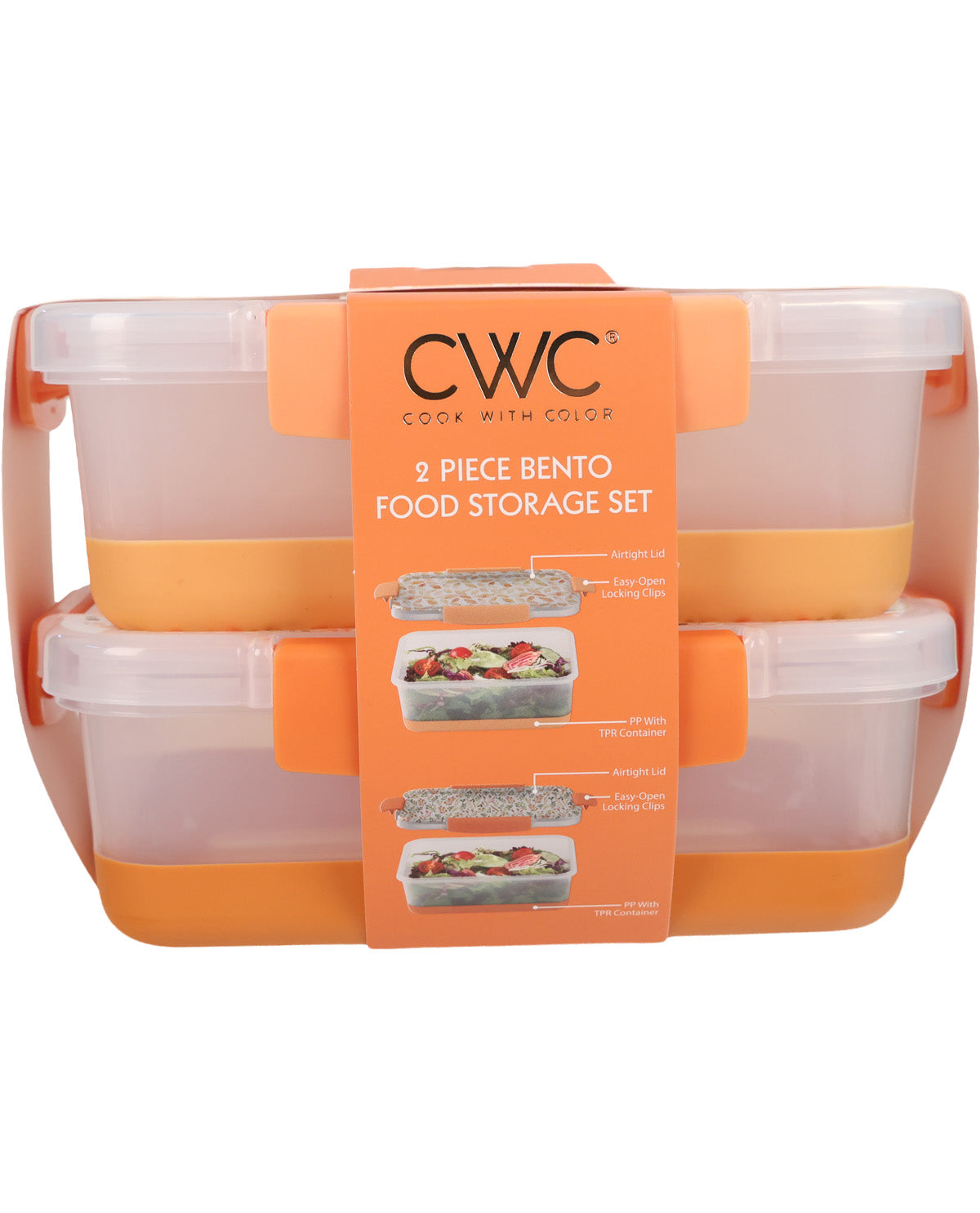 CWC 2-piece Bento food storage set in orange and translucent plastic, wrapped in an orange paper sleeve with product details.