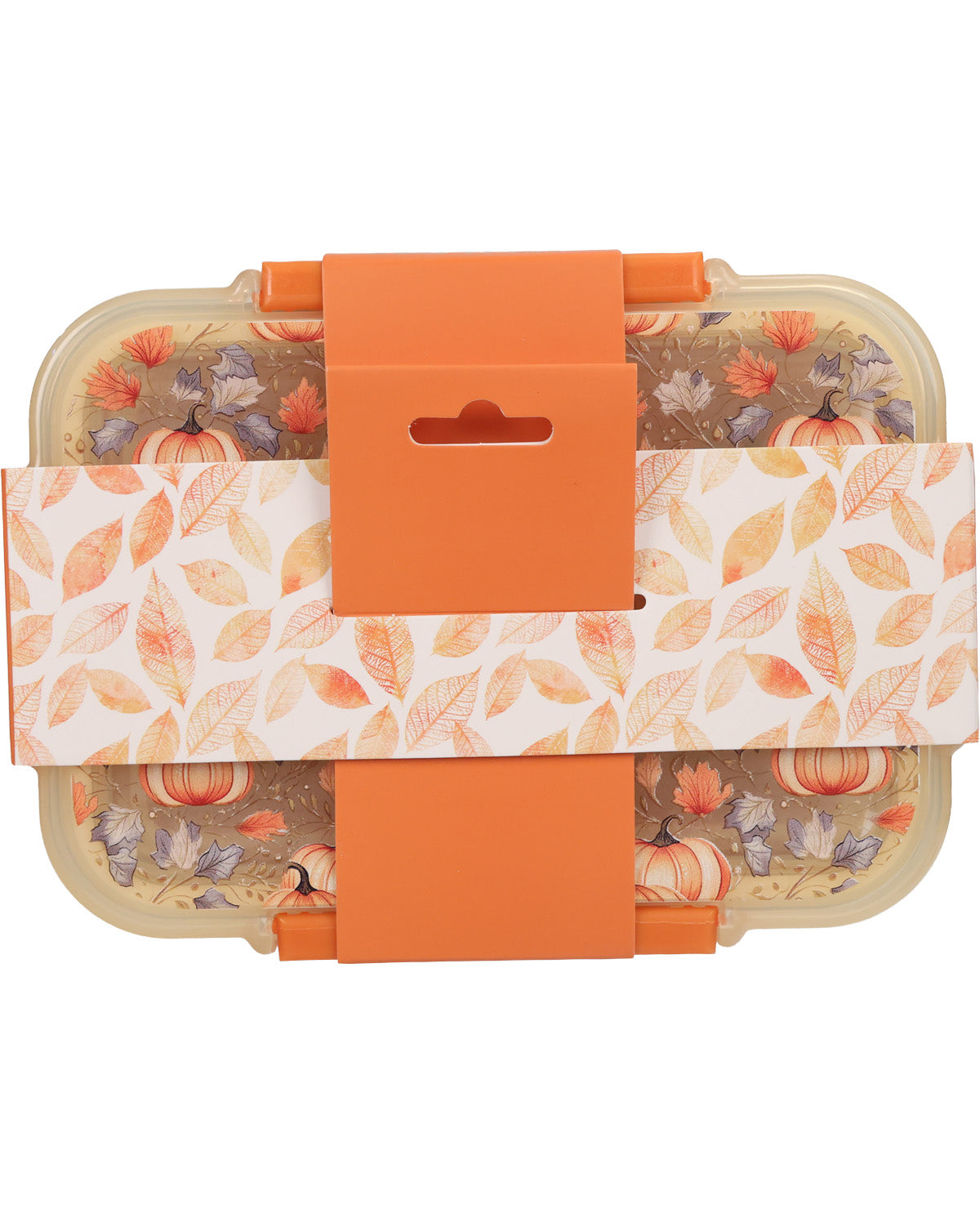 A clear plastic lunch container with rounded corners, featuring a warm-toned autumn leaf and pumpkin pattern on the interior and a matching decorative paper band wrapped around it. The container has bright orange plastic latches and is shown against a plain white background.