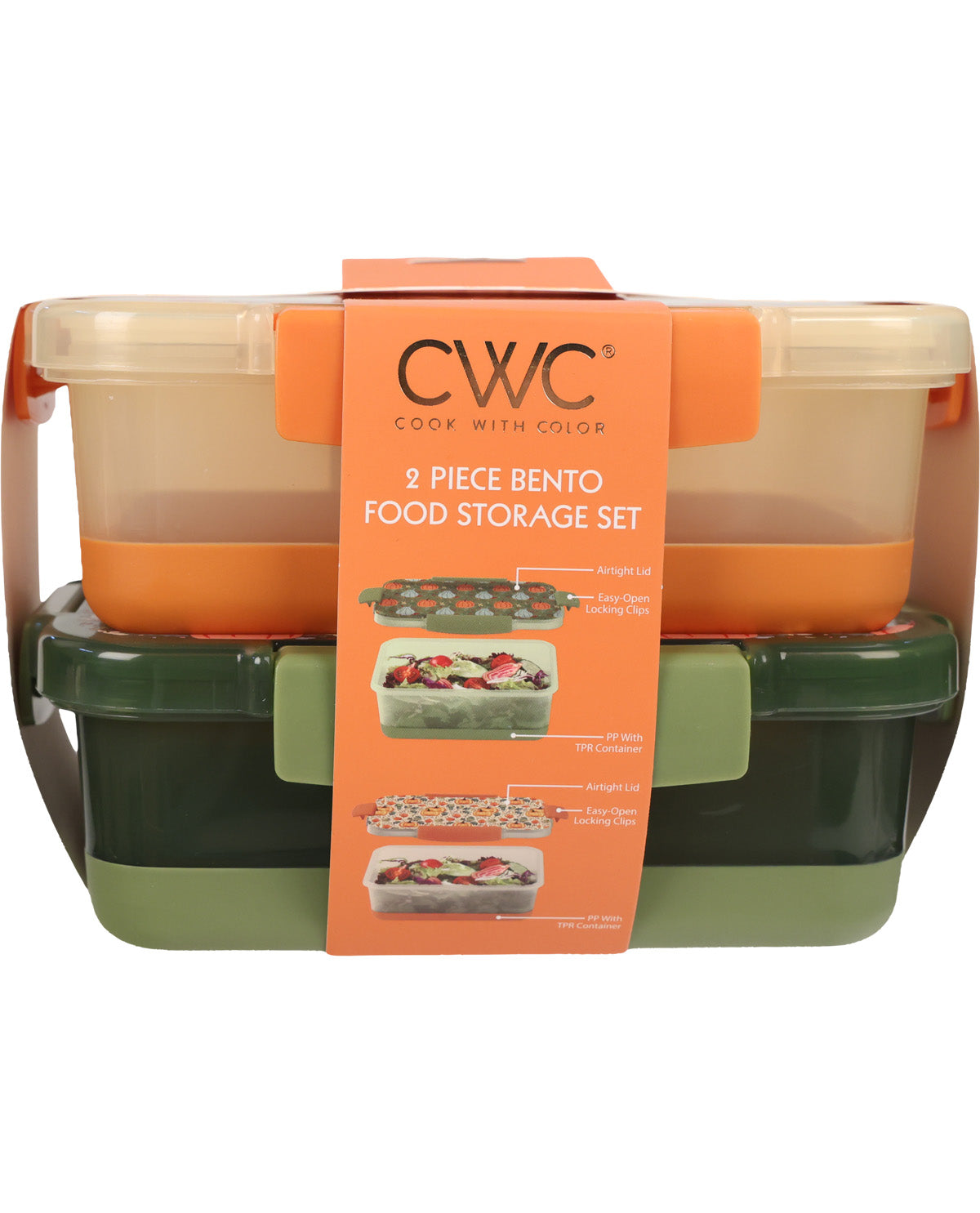 CWC 2-piece Bento food storage set in green and orange, packaged with an orange paper sleeve showing product images and the CWC brand logo.