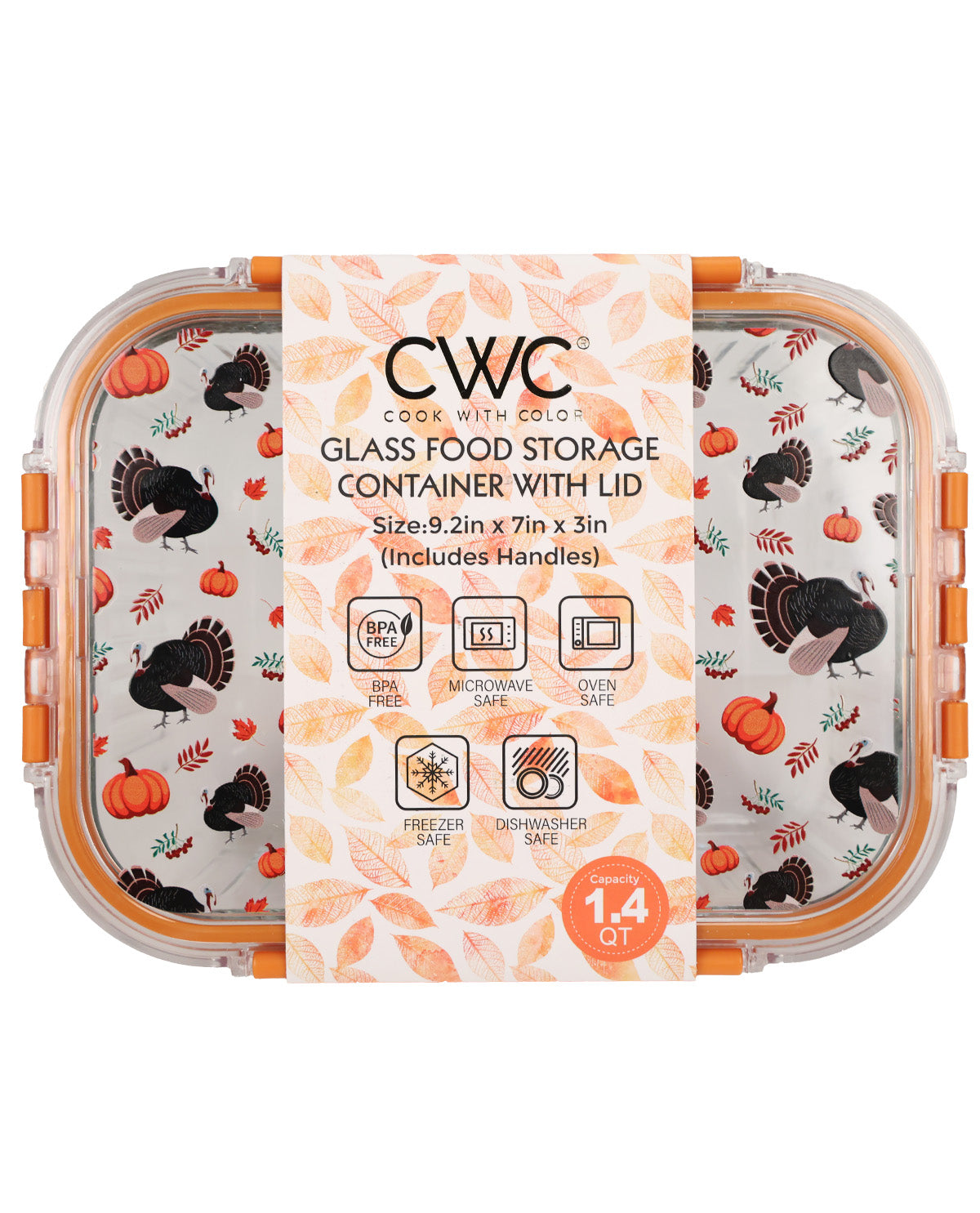 CWC Cook with Color 1.4 qt glass food storage container with lid, featuring an autumn turkey and pumpkin print on the clear glass, with orange silicone seals and a central paper label.