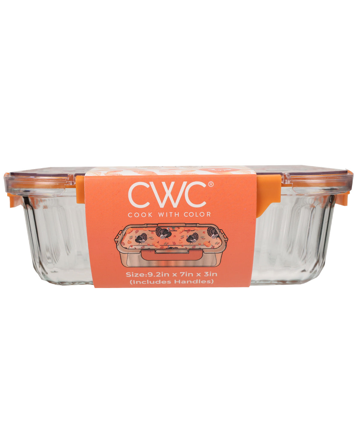 A CWC Cook With Color clear glass storage container with an orange lid and a bright orange paper label wrapped around the middle, shown on a plain white background.