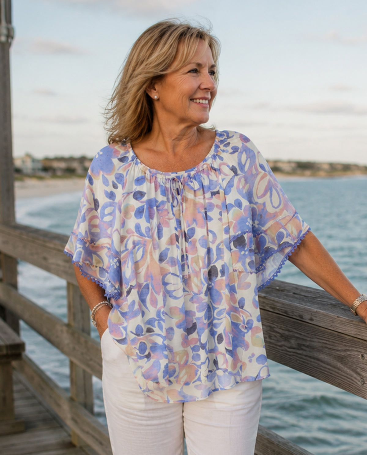 Zac & Rachel Print Ricrac Sleeve Top Navy