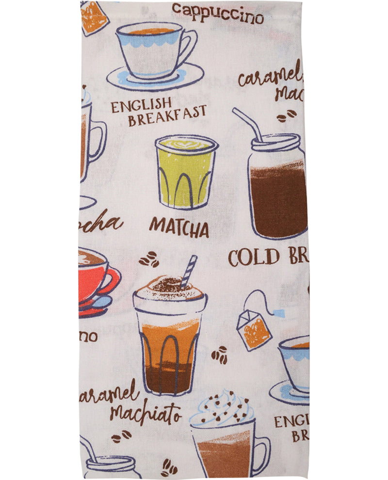 Tea towel with coffee and tea illustrations and text on a white background