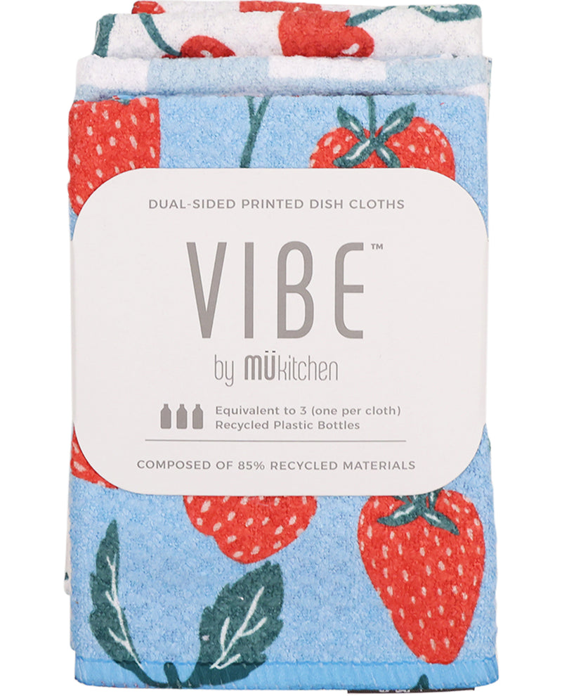 Packaged dish cloth with strawberry pattern and 'Vibe' branding on a white background