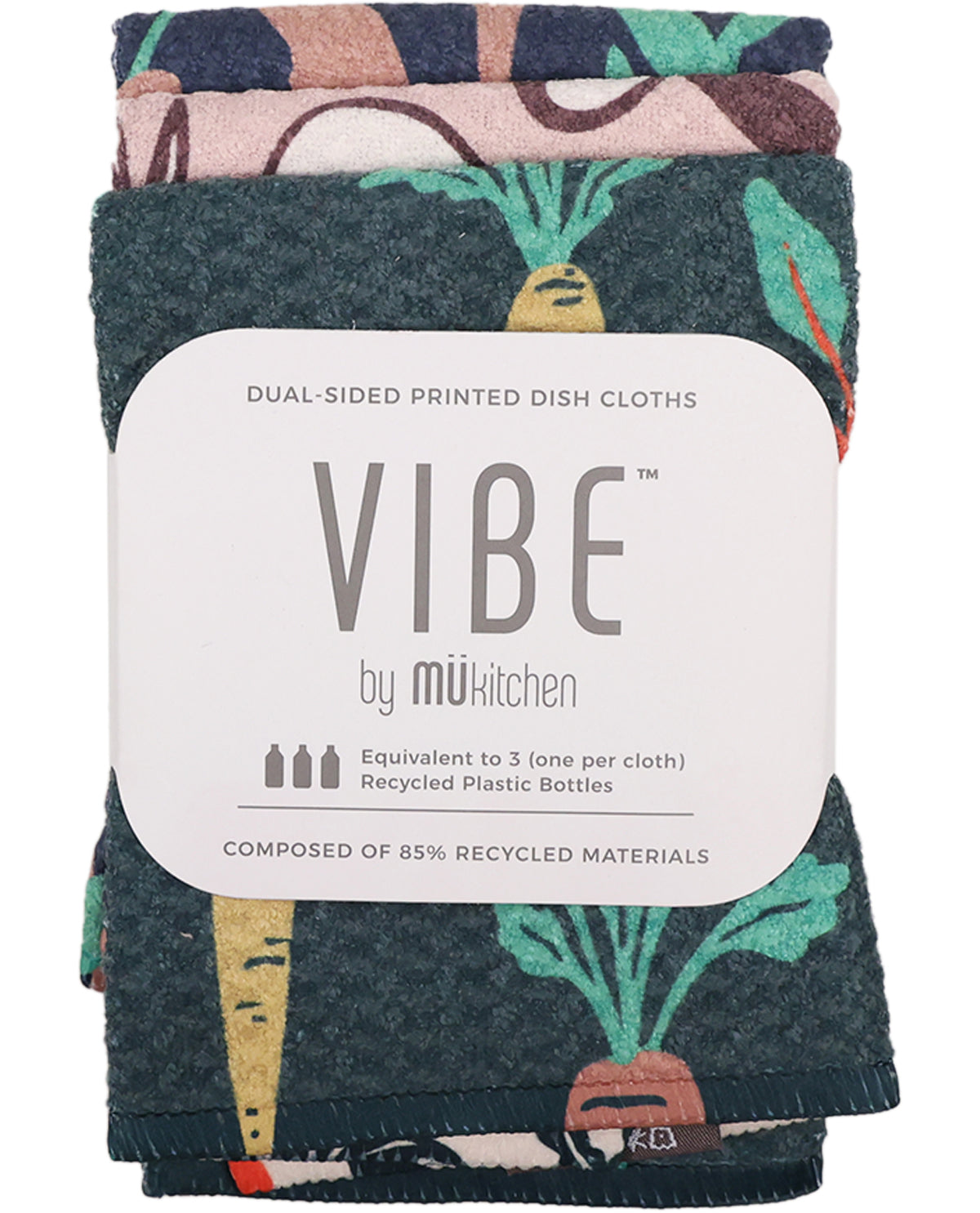 Packaged dish cloths with 'VIBE' branding on a white background