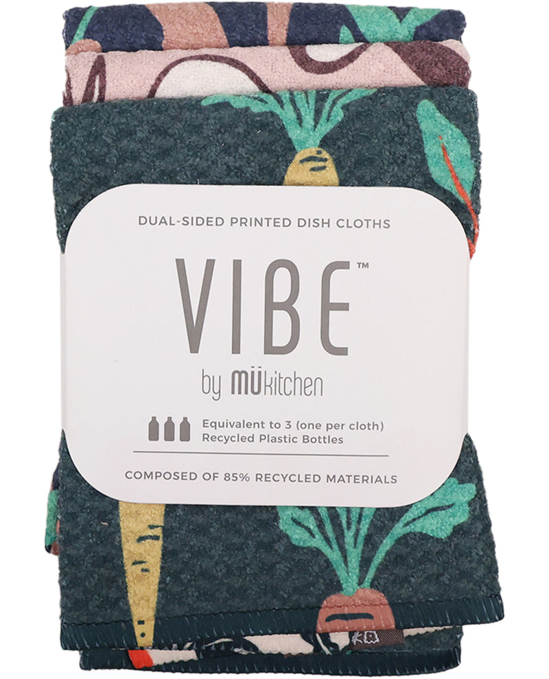 Packaged dish cloths with 'VIBE' branding on a white background