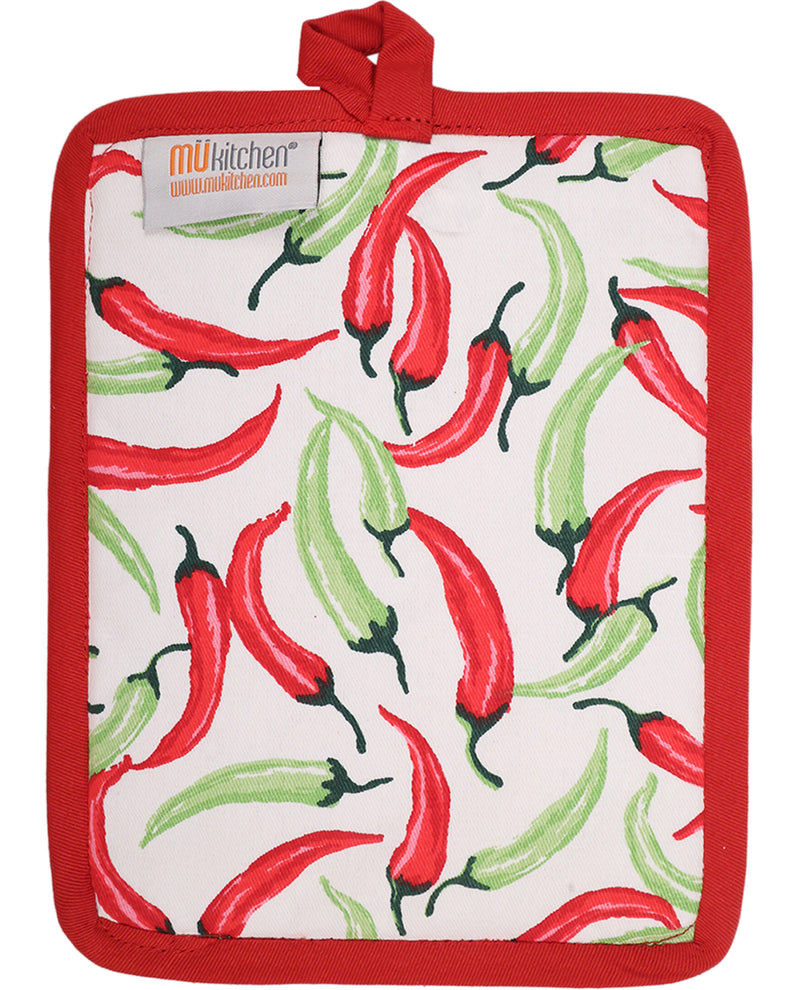Potholder with red and green chili pepper pattern on a white background