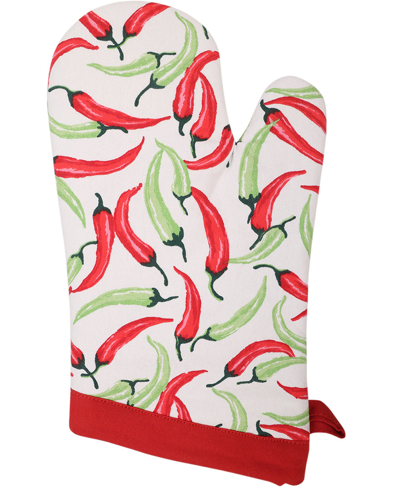 Oven mitt with red and green chili pepper pattern on a white background