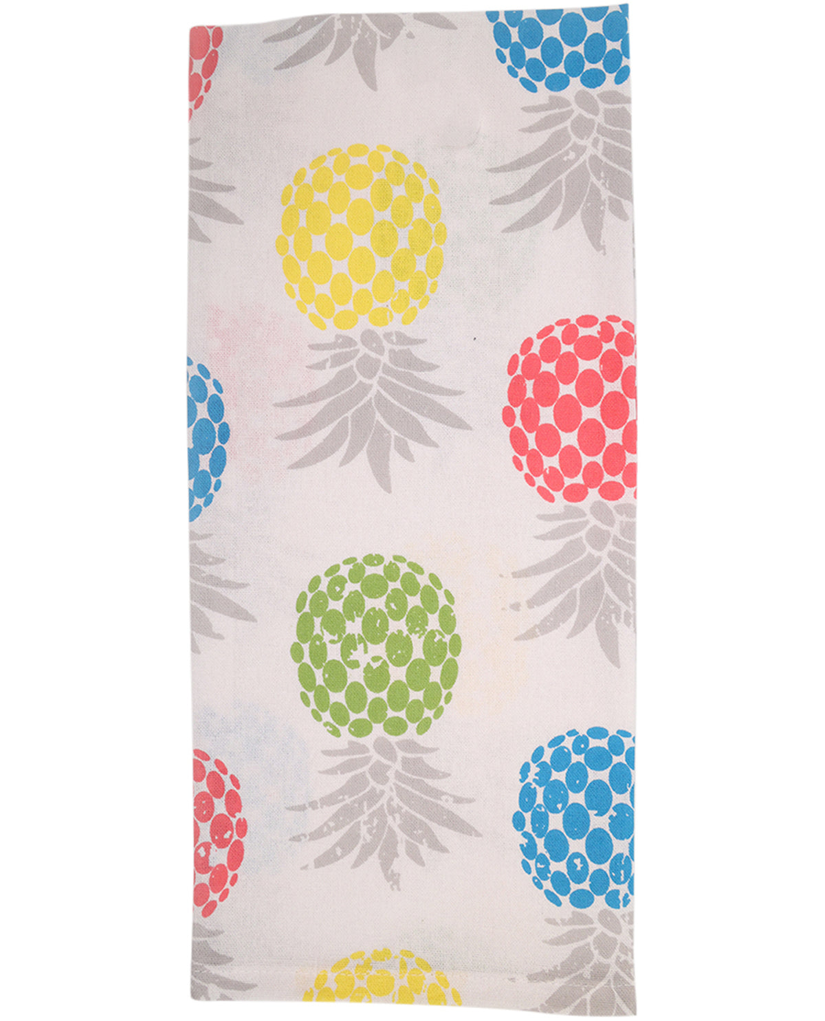 Folded towel with colorful pineapple pattern on a white background