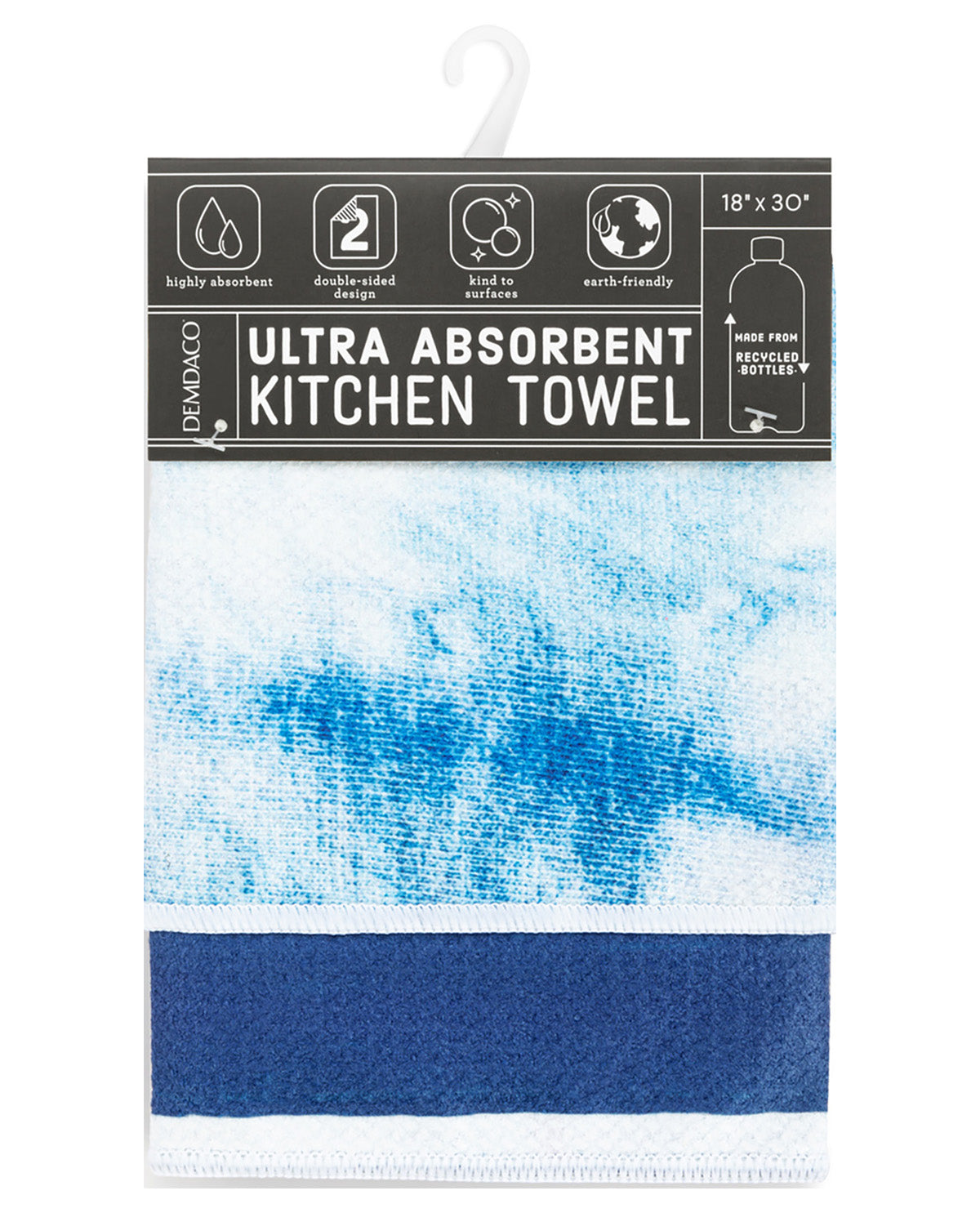 A packaged Demaco ultra absorbent kitchen towel with a white and blue watercolor-style pattern and a solid dark blue band at the bottom, shown on a white background.