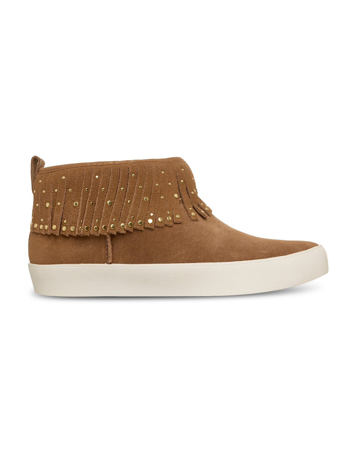 Brown suede sneaker with fringe details on a white background