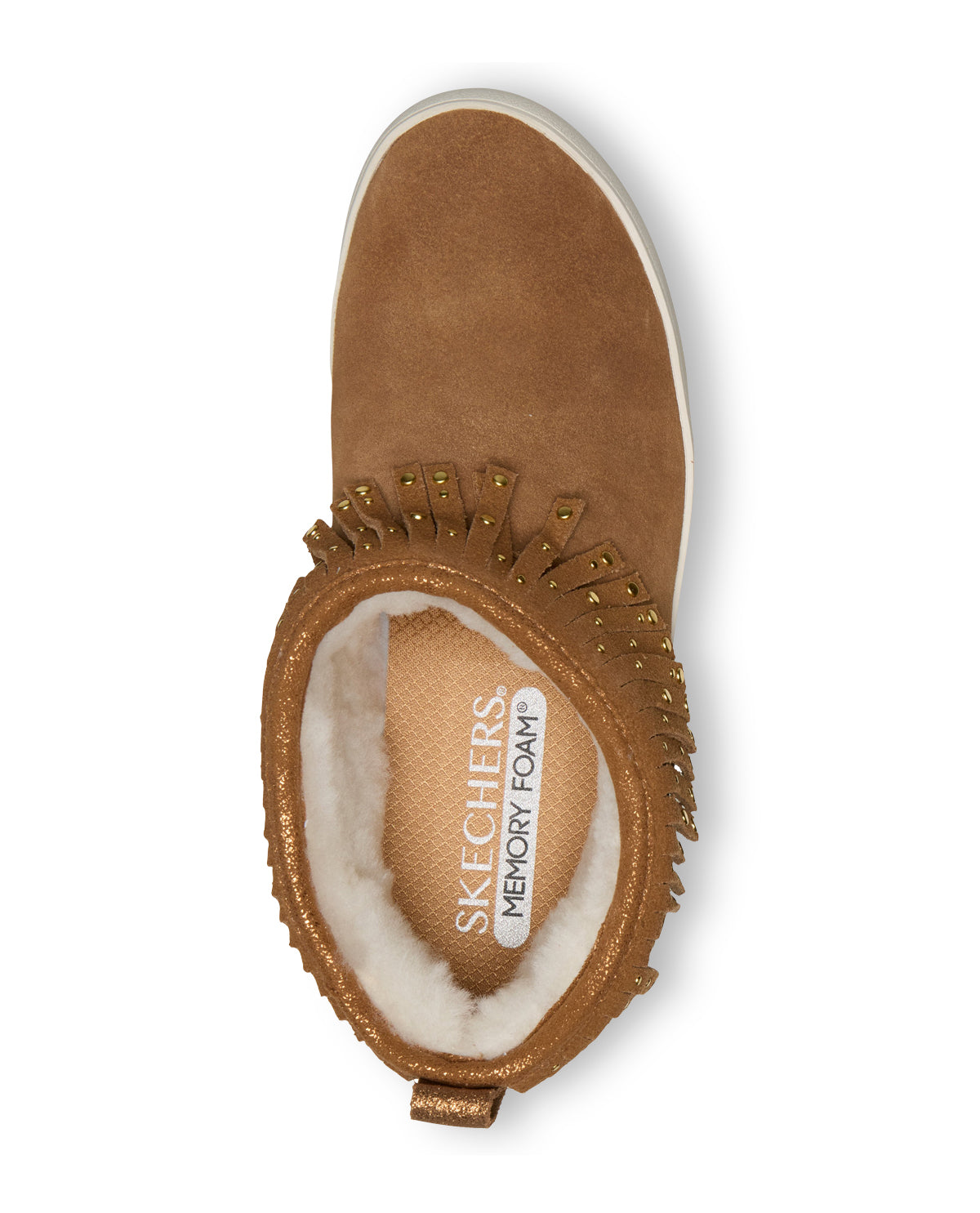 Brown suede shoe with decorative elements on a white background