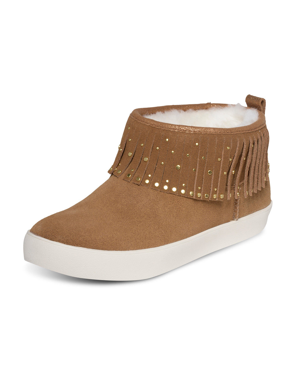 Brown suede sneaker with fringe details on a white background