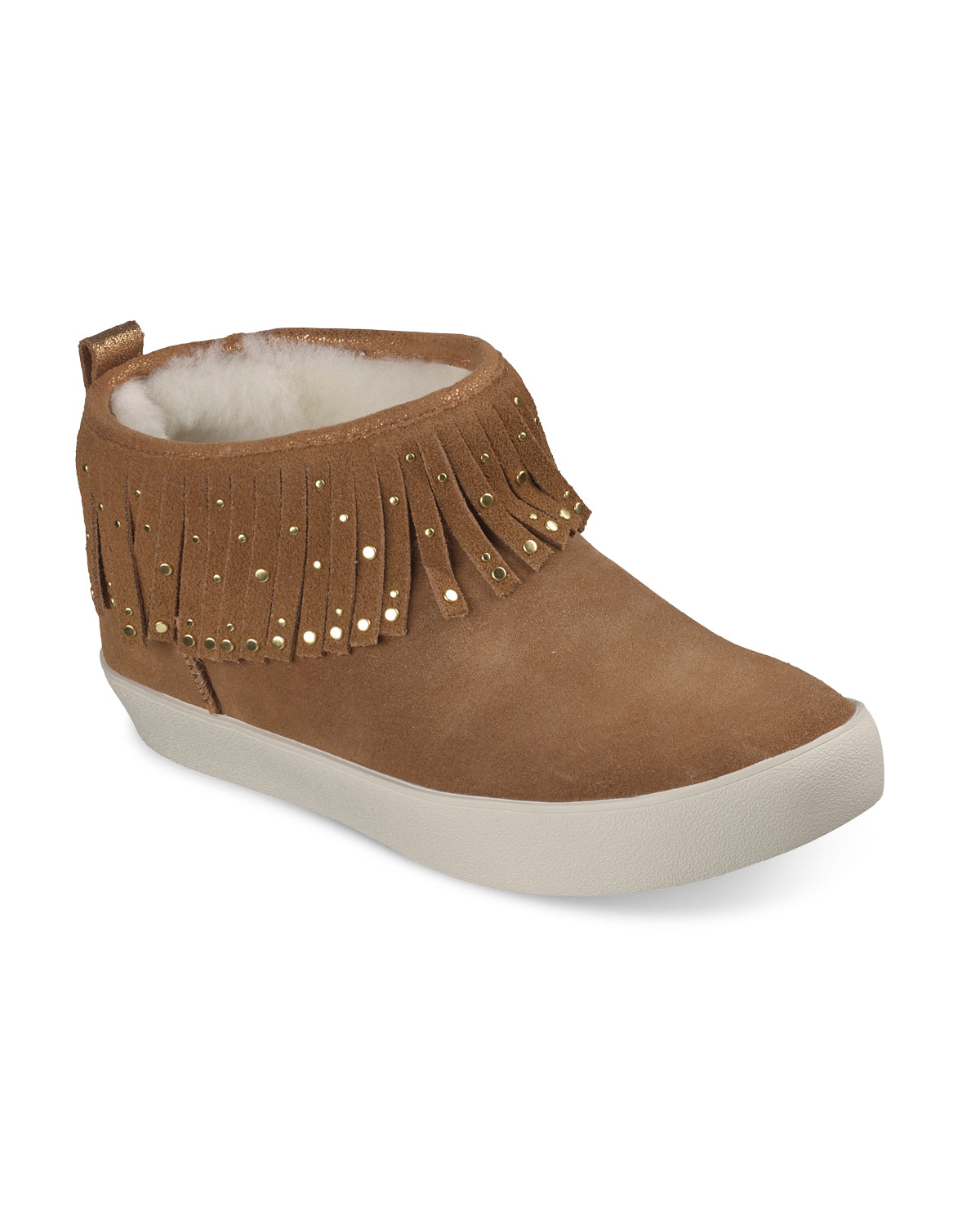 Brown fringed ankle boot with white fur lining on a white background