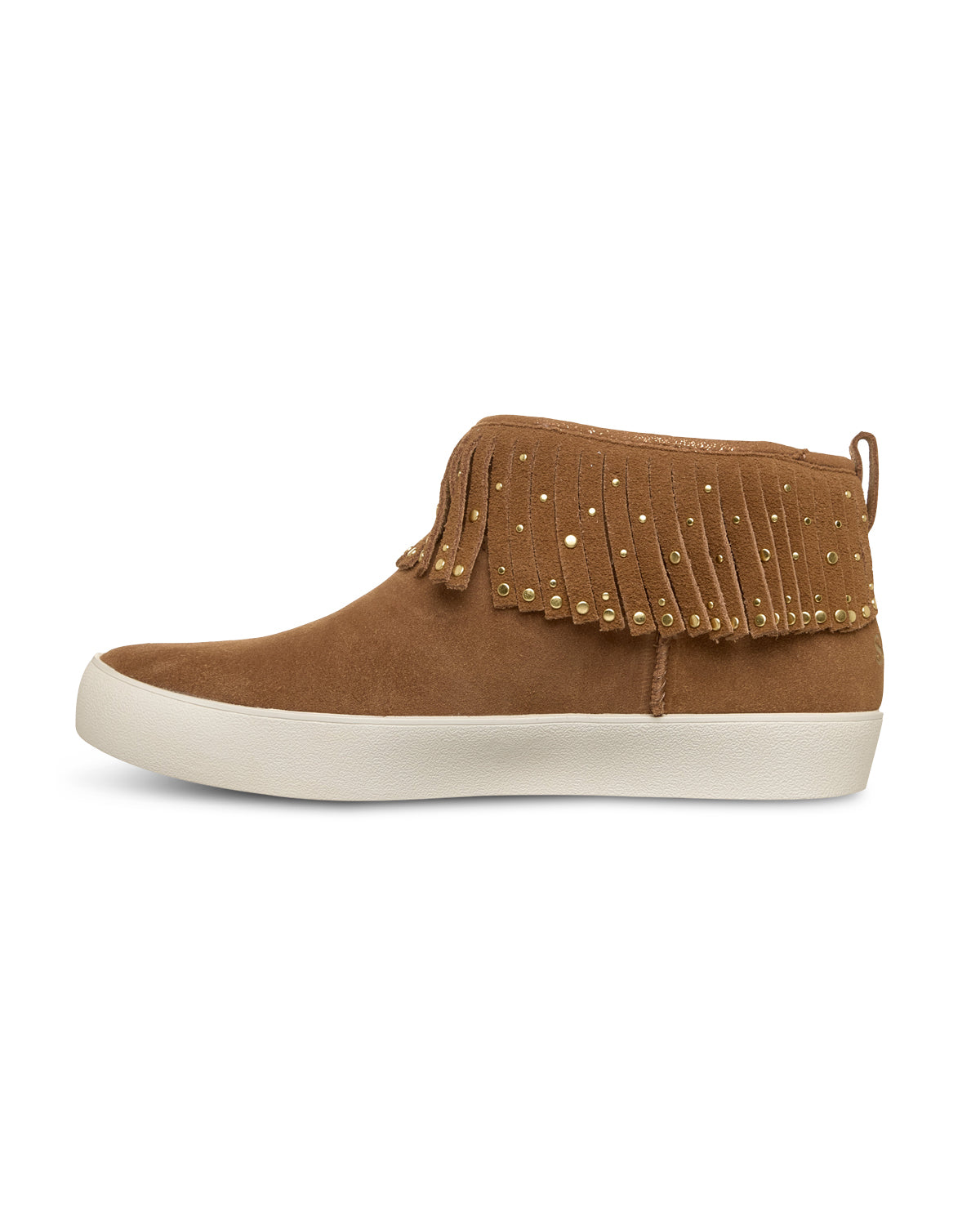 Brown sneaker with fringe and studs on a white background