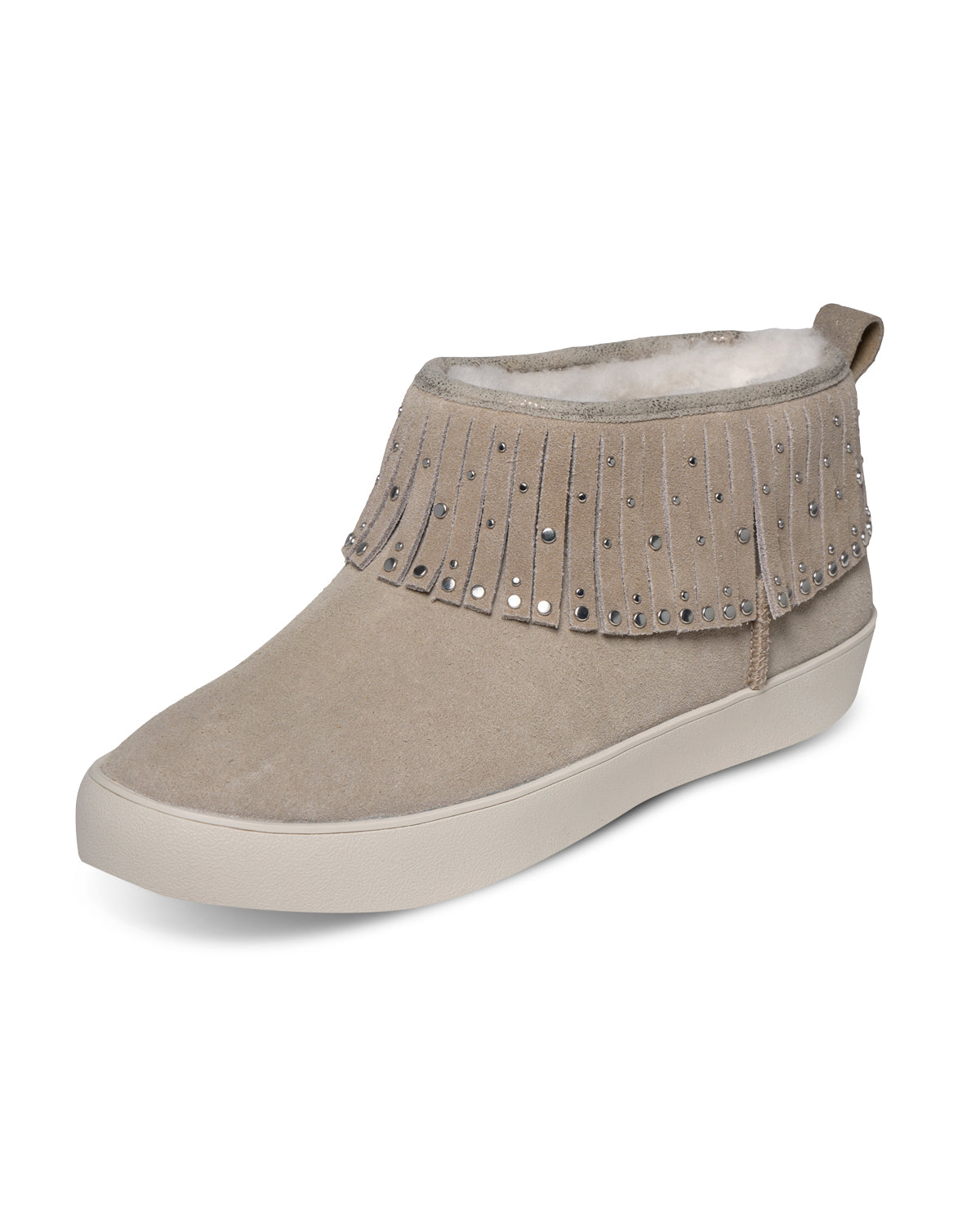 Taupe ankle boot with studded details on a white background