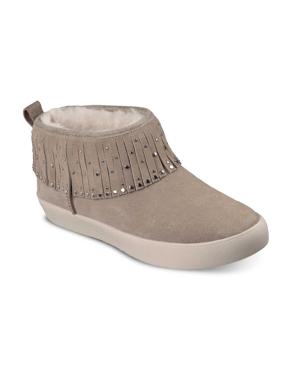Taupe ankle boot with studded details on a white background