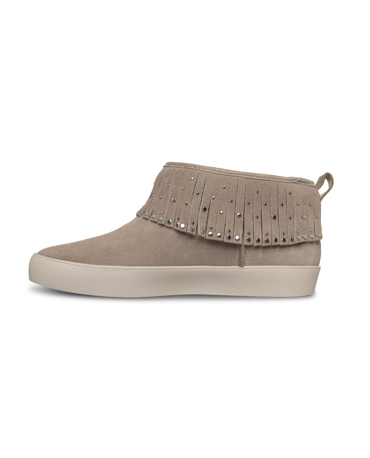 Taupe ankle boot with studded details on a white background