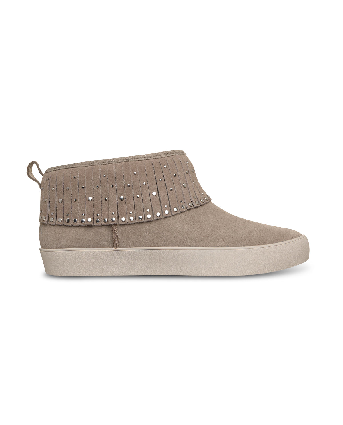 Taupe ankle boot with studded details on a white background