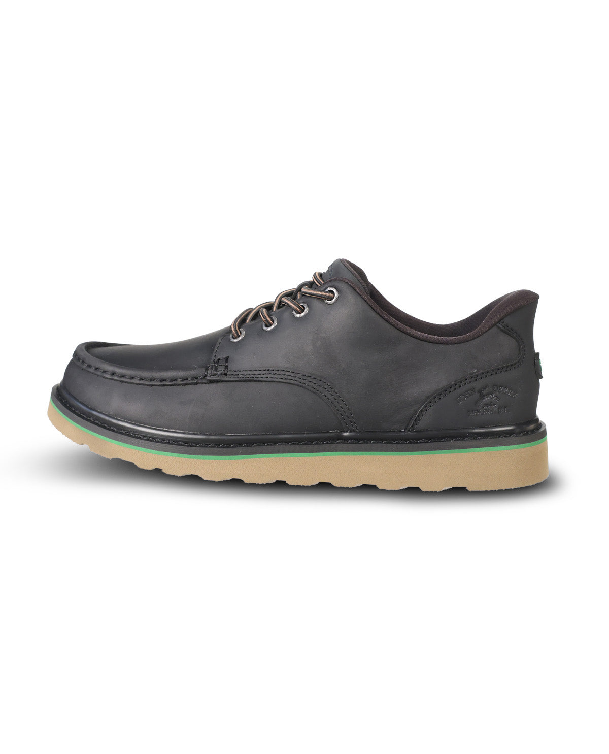 A single black leather lace-up shoe shown in a side profile view against a plain white background. The shoe features a tan rubber sole with a thin green accent line.