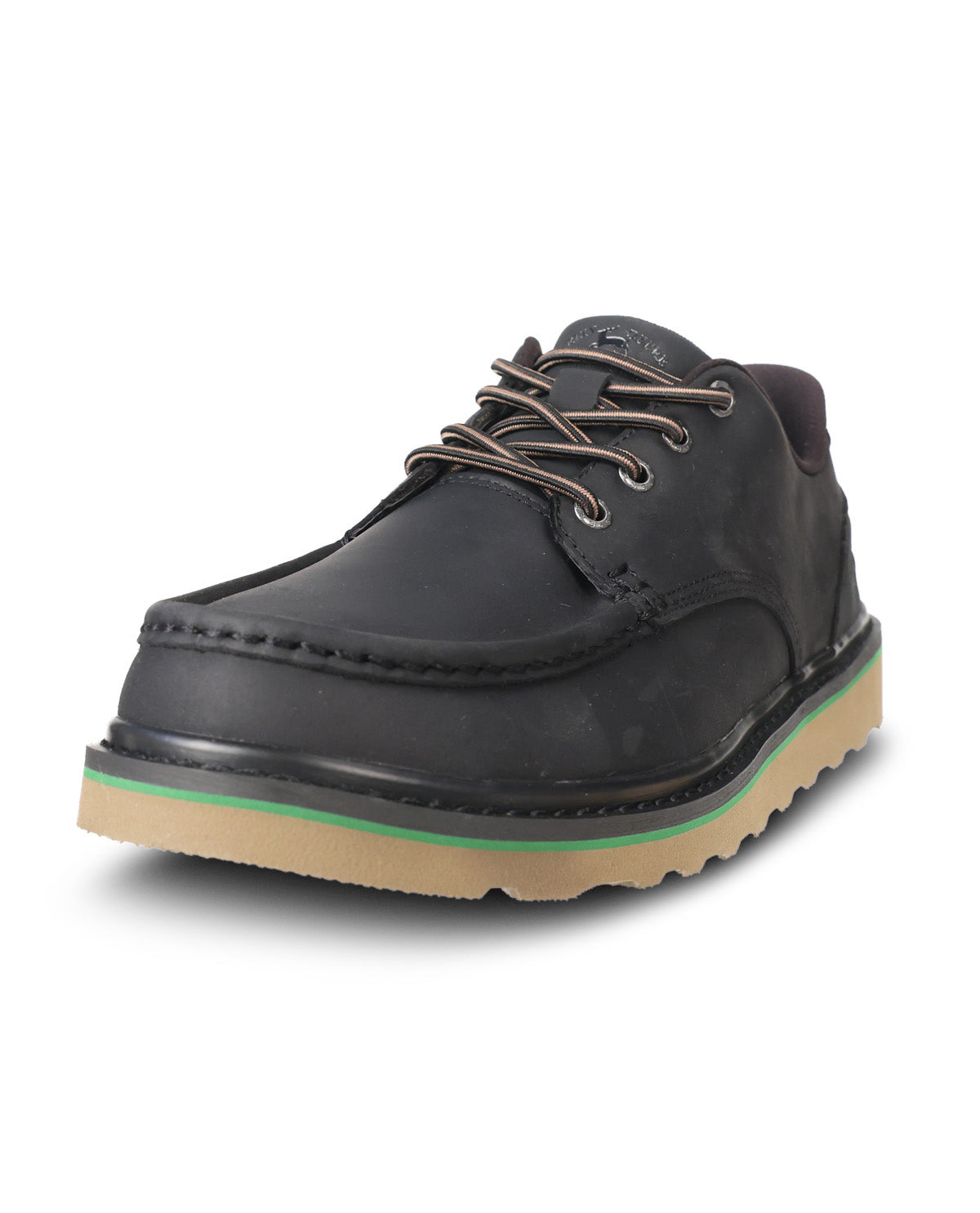 A black leather lace-up shoe with a thick tan sole and a thin green stripe, shown from a three-quarters angle on a white background.