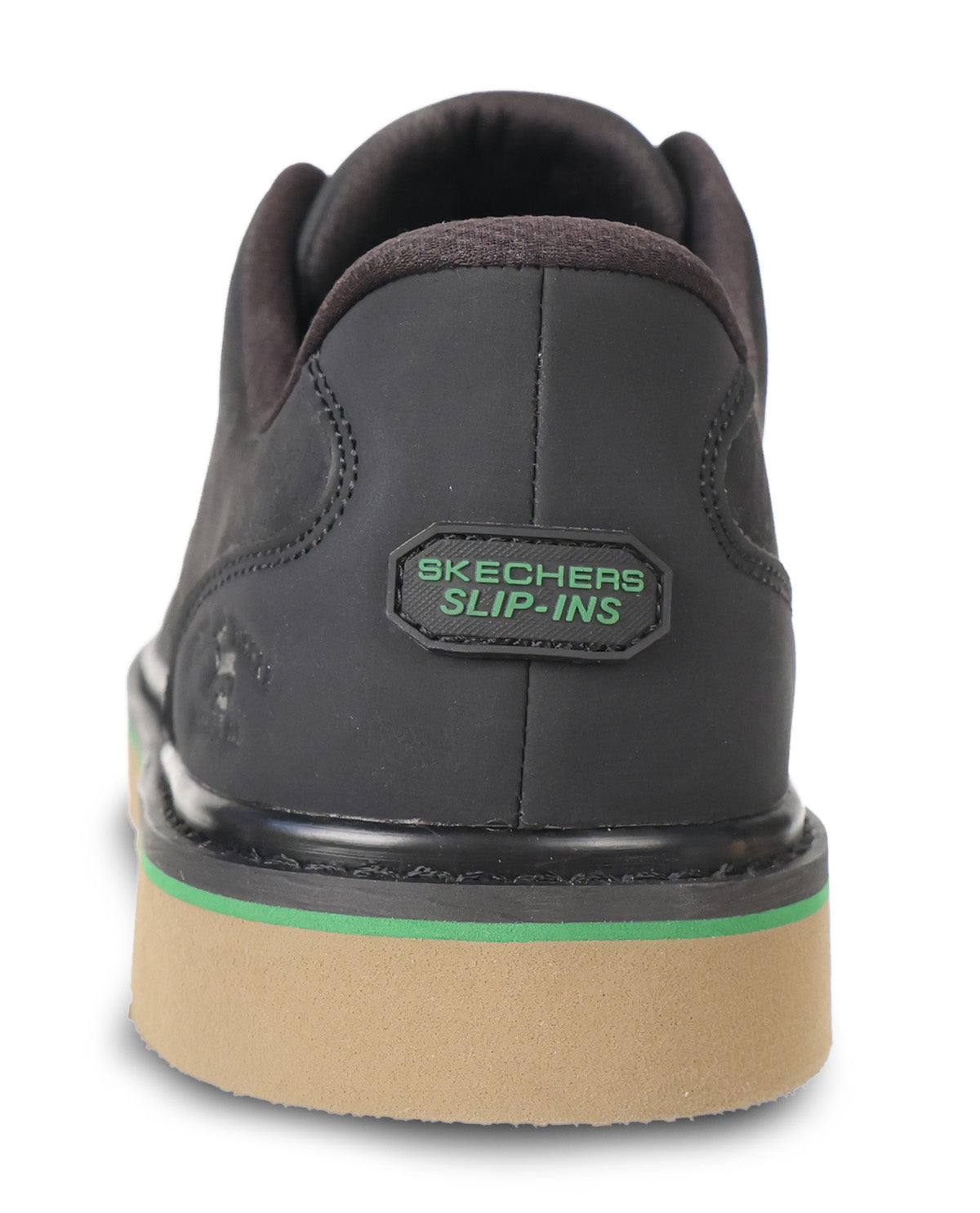 A close-up rear view of a Skechers Slip-Ins shoe in black, featuring a tan gum sole with a thin green stripe and a green Skechers logo patch on the heel.