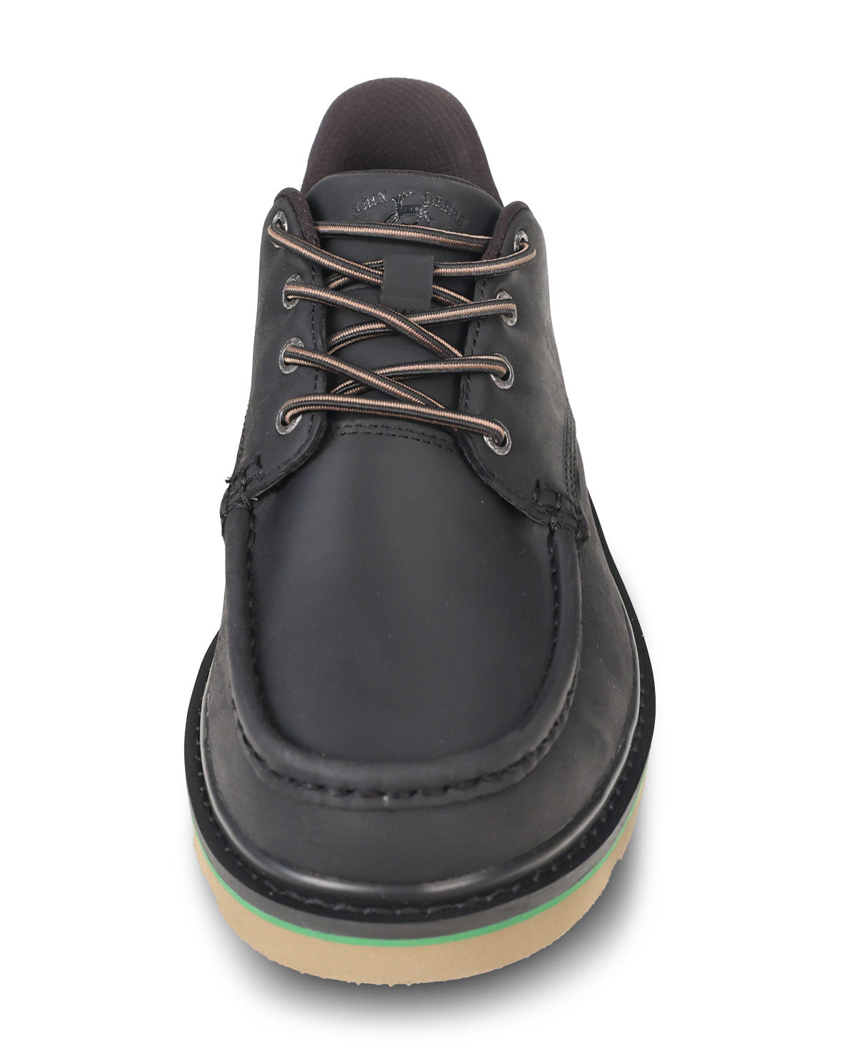 A single black leather lace-up shoe shown from a front-facing overhead angle on a white background.