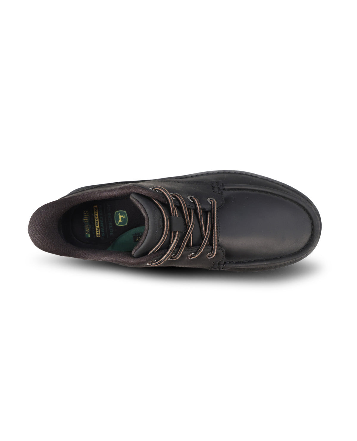 A single black leather lace-up shoe shown from a top-down view on a white background, with a green and yellow John Deere logo visible on the insole.