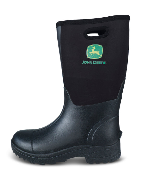 A single black rubber work boot with a black neoprene upper sleeve featuring the green John Deere logo and brand name, shown against a plain white background.