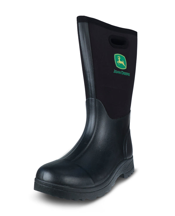 A single black John Deere work boot with a green and yellow logo on the side, shown against a plain white background.