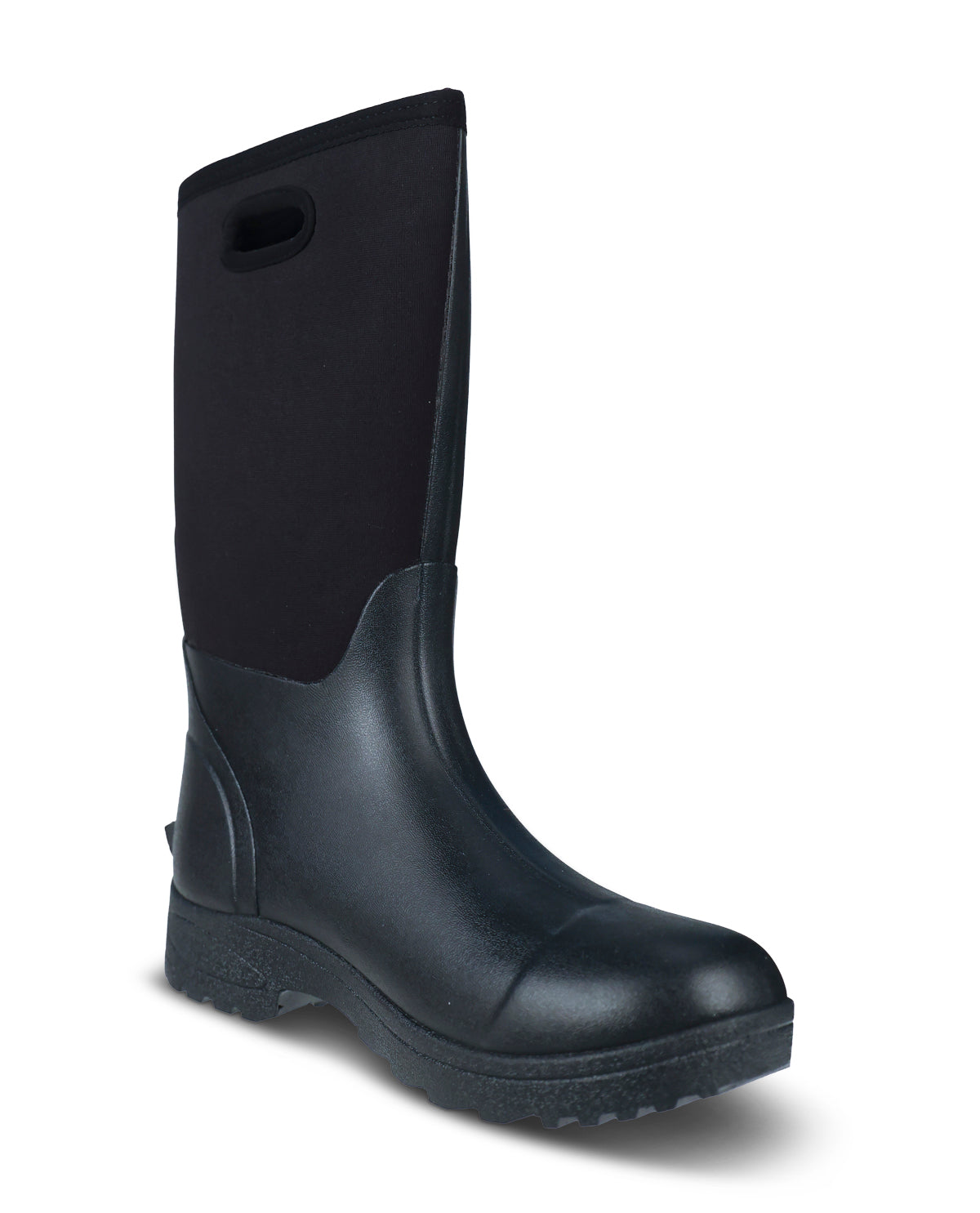 A tall black rubber rain boot with a matte finish, featuring a pull handle on the shaft and a rugged sole, shown on a white background.
