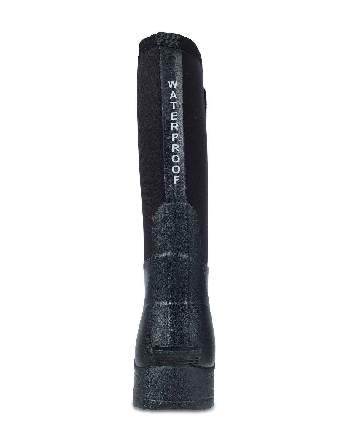 A black mid-calf boot shown from the back, featuring a vertical white text overlay that reads 'WATERPROOF' on the heel area.