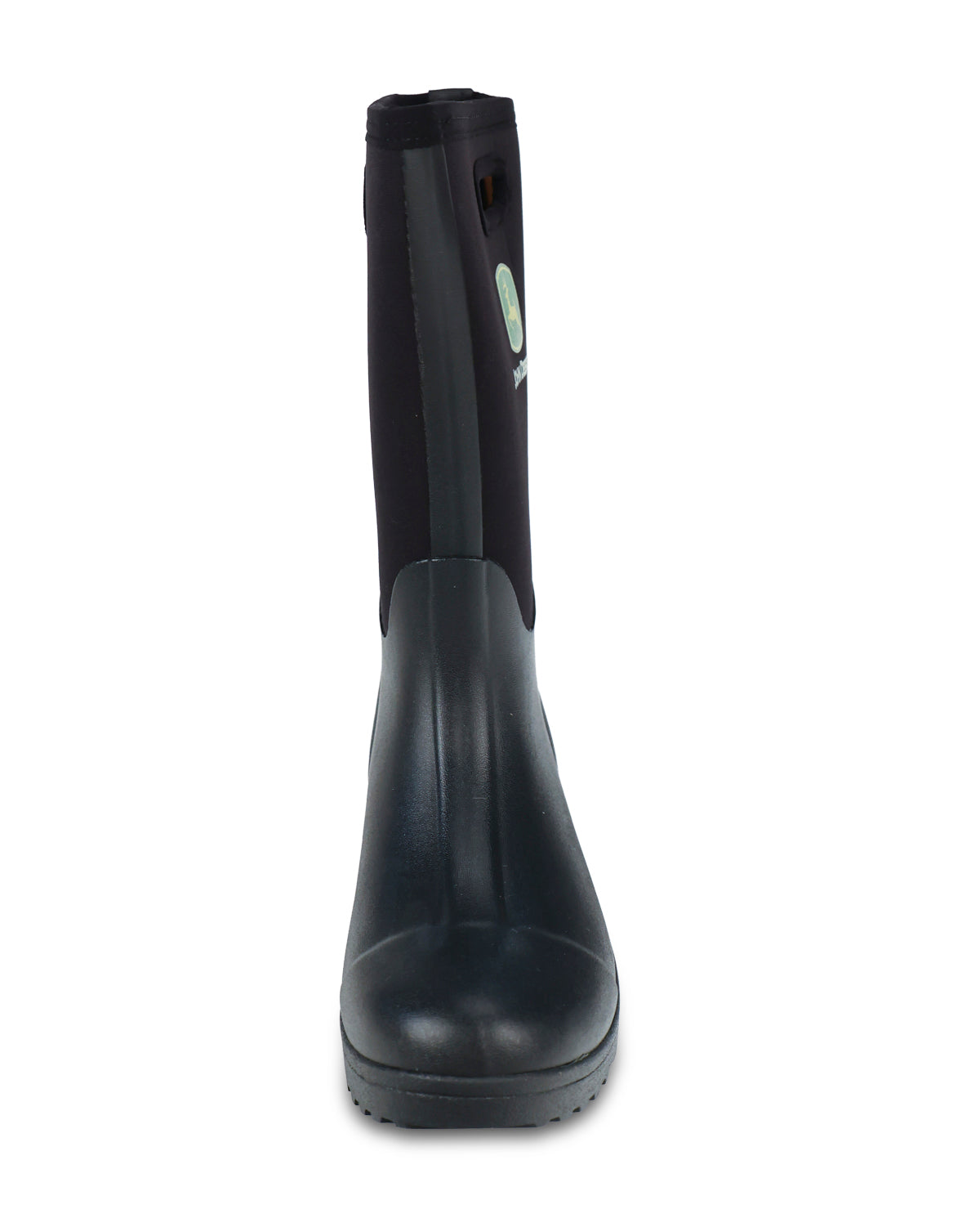 A single black rubber rain boot shown from the front against a plain white background.