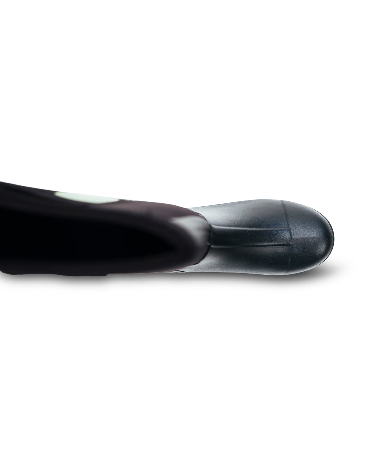 A close-up side view of a glossy black boot or shoe against a plain white background.