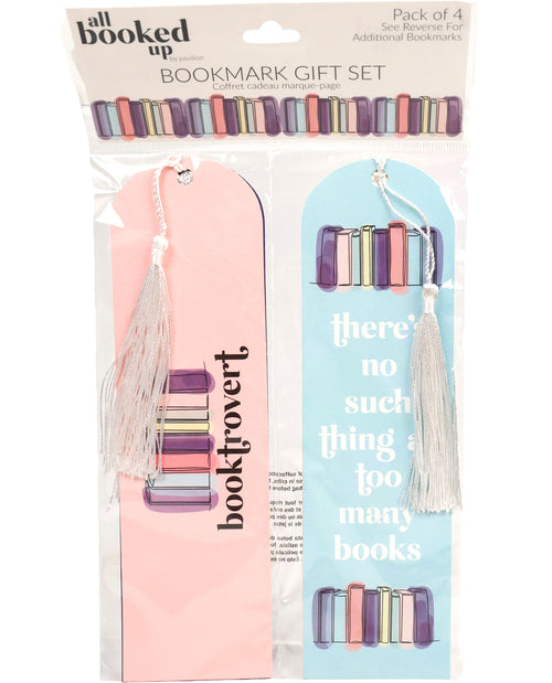 Packaged bookmark gift set with tassels and text on a white background