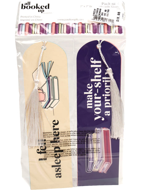 Packaged bookmarks with tassels and text on a white background