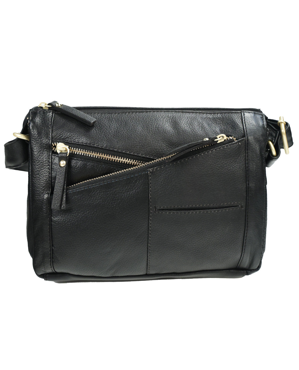 Black leather crossbody bag with gold-tone hardware, featuring a diagonal zippered pocket on the front, a main zip closure, and a side slip pocket, shown against a plain white background.