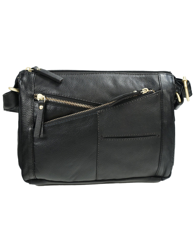 Black leather crossbody bag with gold-tone hardware, featuring a diagonal zippered pocket on the front, a main zip closure, and a side slip pocket, shown against a plain white background.