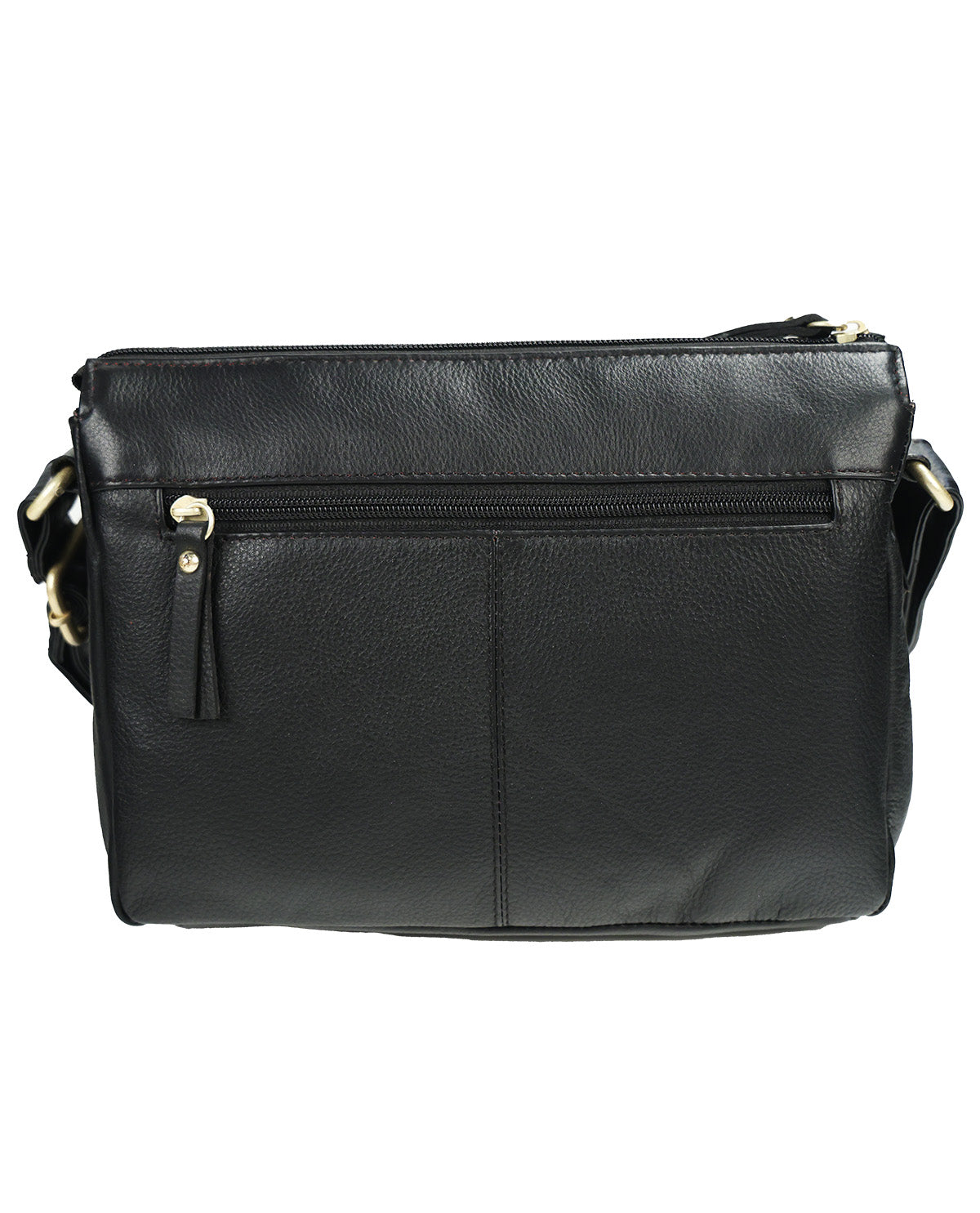 Black pebbled leather crossbody bag with a front zippered pocket and gold-tone hardware, shown against a plain white background.