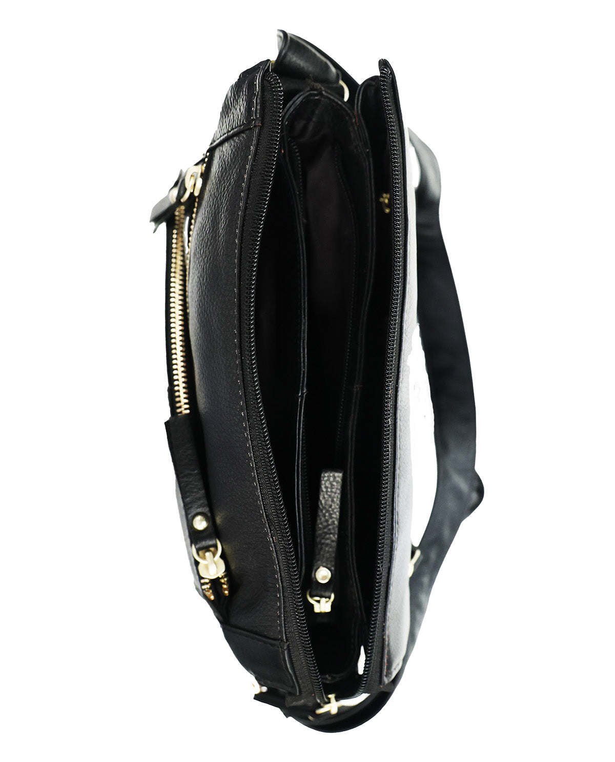 Black leather crossbody bag with gold-tone zippers and hardware, shown open to display the interior compartments against a white background.