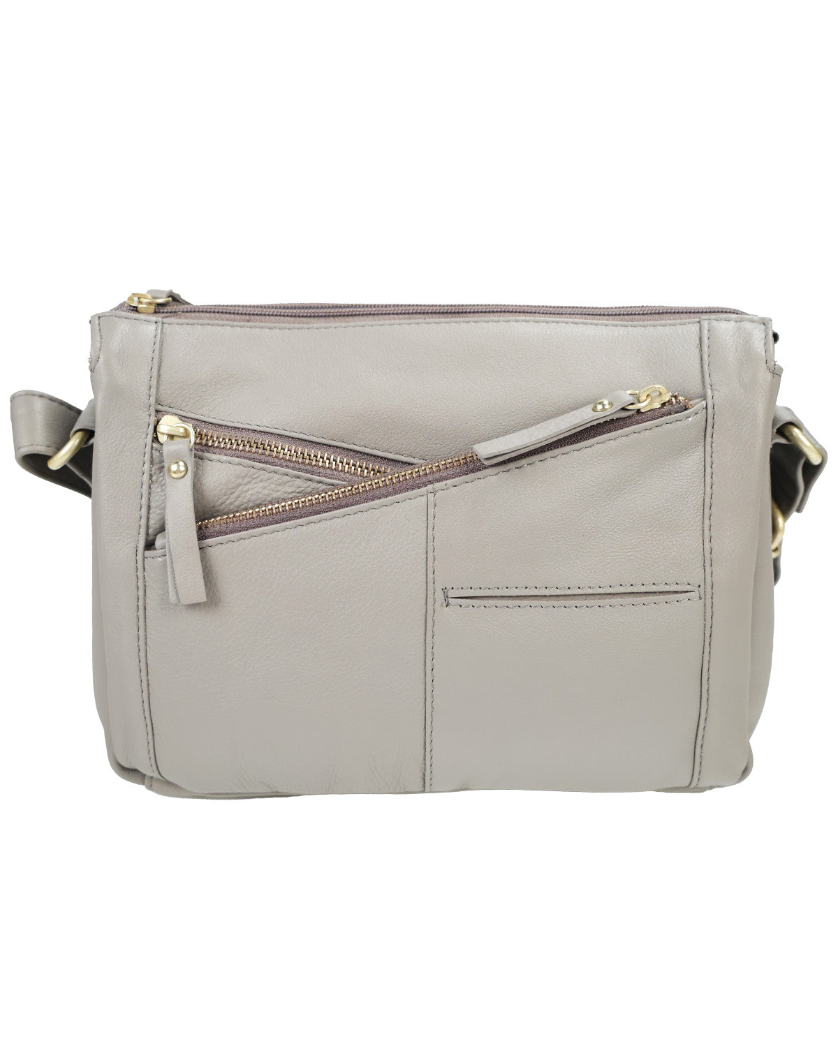 A light gray faux-leather crossbody bag with multiple zippered pockets and a gold-tone zipper pull, shown against a plain white background.