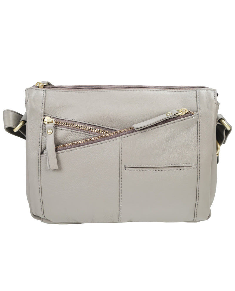 A light gray faux-leather crossbody bag with multiple zippered pockets and a gold-tone zipper pull, shown against a plain white background.