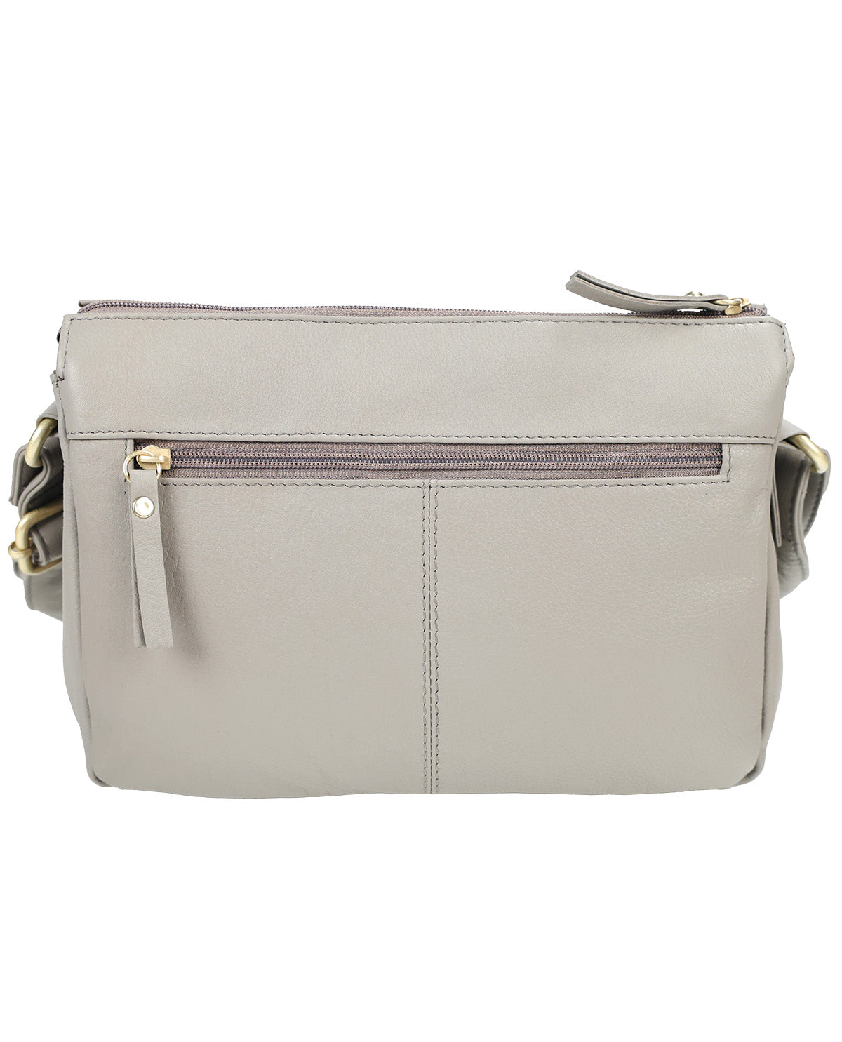 A light gray faux-leather crossbody bag with gold-tone hardware, featuring a top zipper, a front zippered pocket with a leather pull tab, and a side strap.